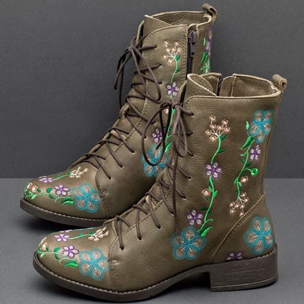 Botas A Media Pierna Con Estampado De Flores Retro Para Mujer