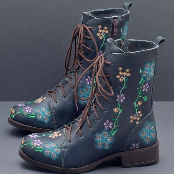 Botas A Media Pierna Con Estampado De Flores Retro Para Mujer