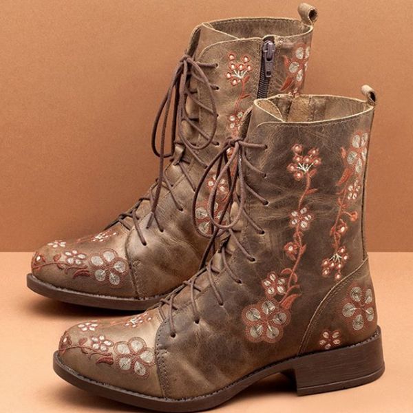 Botas A Media Pierna Con Estampado De Flores Retro Para Mujer