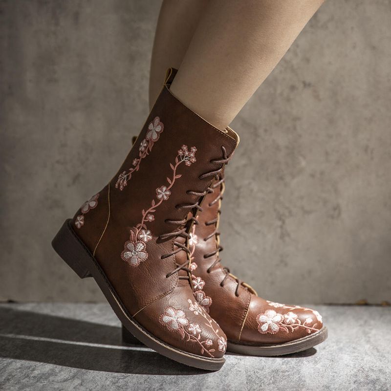 Botas A Media Pierna Con Estampado De Flores Retro Para Mujer