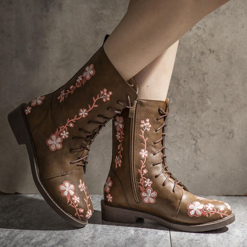 Botas A Media Pierna Con Estampado De Flores Retro Para Mujer