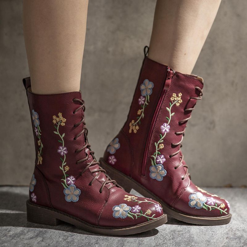 Botas A Media Pierna Con Estampado De Flores Retro Para Mujer