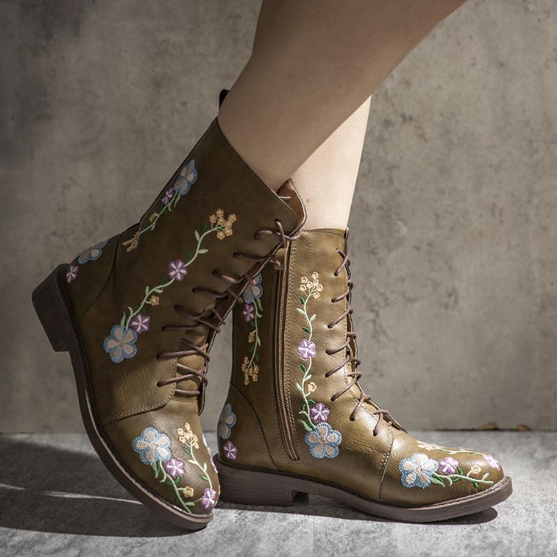 Botas A Media Pierna Con Estampado De Flores Retro Para Mujer