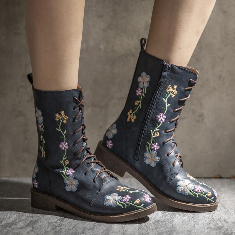 Botas A Media Pierna Con Estampado De Flores Retro Para Mujer