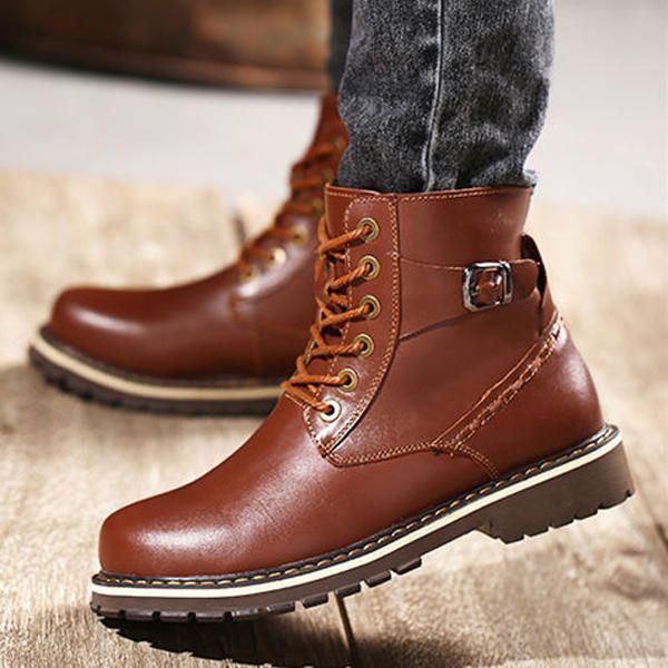 Botas De Algodón De Invierno De Gran Tamaño Para Hombre Botas De Felpa De Cuero Con Cordones