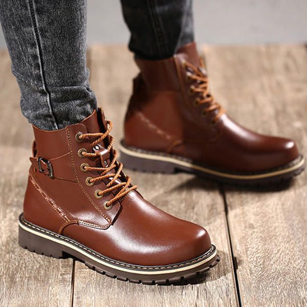 Botas De Algodón De Invierno De Gran Tamaño Para Hombre Botas De Felpa De Cuero Con Cordones