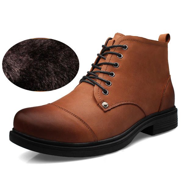 Botas Cálidas De Invierno Para Hombres De Gran Tamaño Botas Pulsh Con Cordones Botas De Cuero Con Punta Redonda