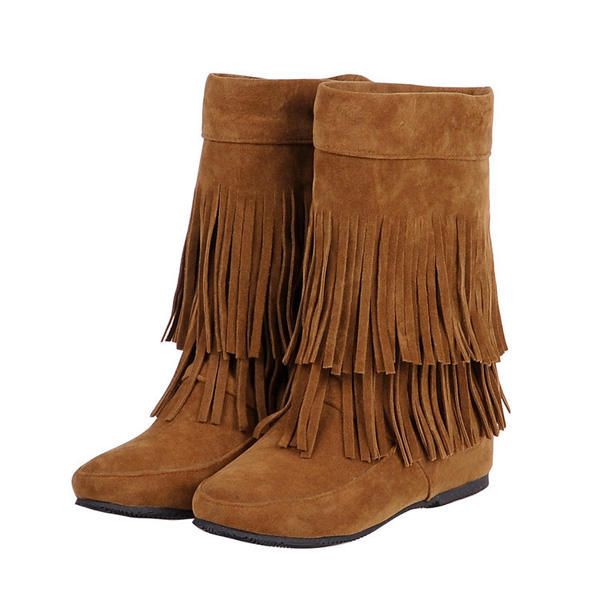 Botas Casuales Para Mujer Zapatos Planos Con Punta Redonda Y Borlas Para Exteriores