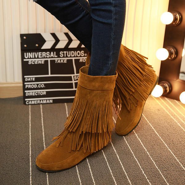 Botas Casuales Para Mujer Zapatos Planos Con Punta Redonda Y Borlas Para Exteriores