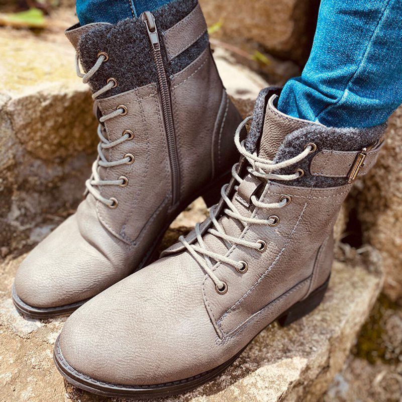 Botas De Combate Con Cremallera Lateral Con Cordones Y Empalme Informal Para Mujer De Talla Grande