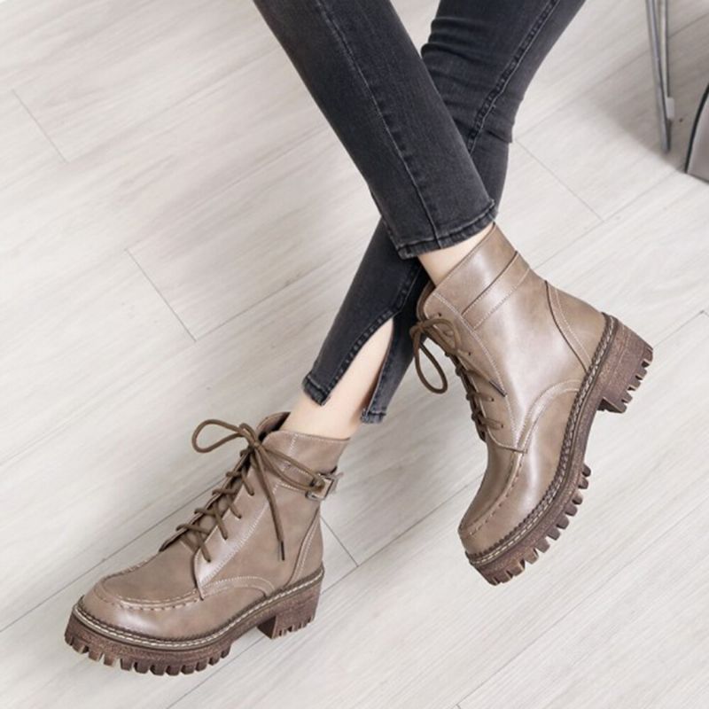 Botas De Combate Cortas Con Plataforma Con Cordones Y Hebilla De Color Sólido Informal Para Mujer