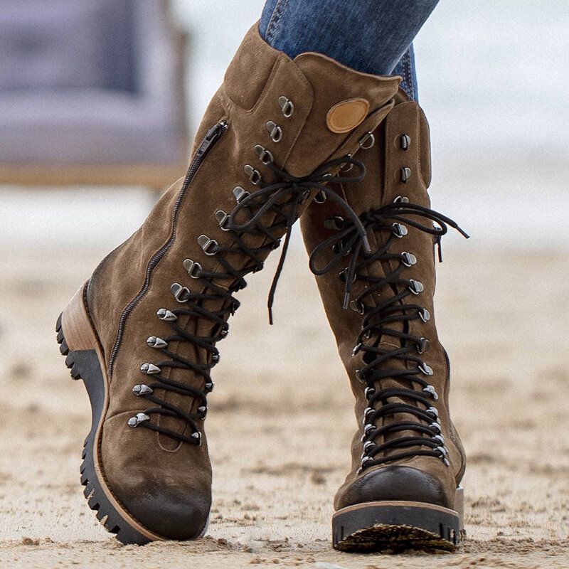 Botas De Combate De Media Pantorrilla De Ante Con Cremallera Lateral De Talla Grande Para Mujer