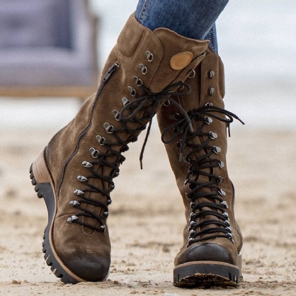 Botas De Combate De Media Pantorrilla De Ante Con Cremallera Lateral De Talla Grande Para Mujer