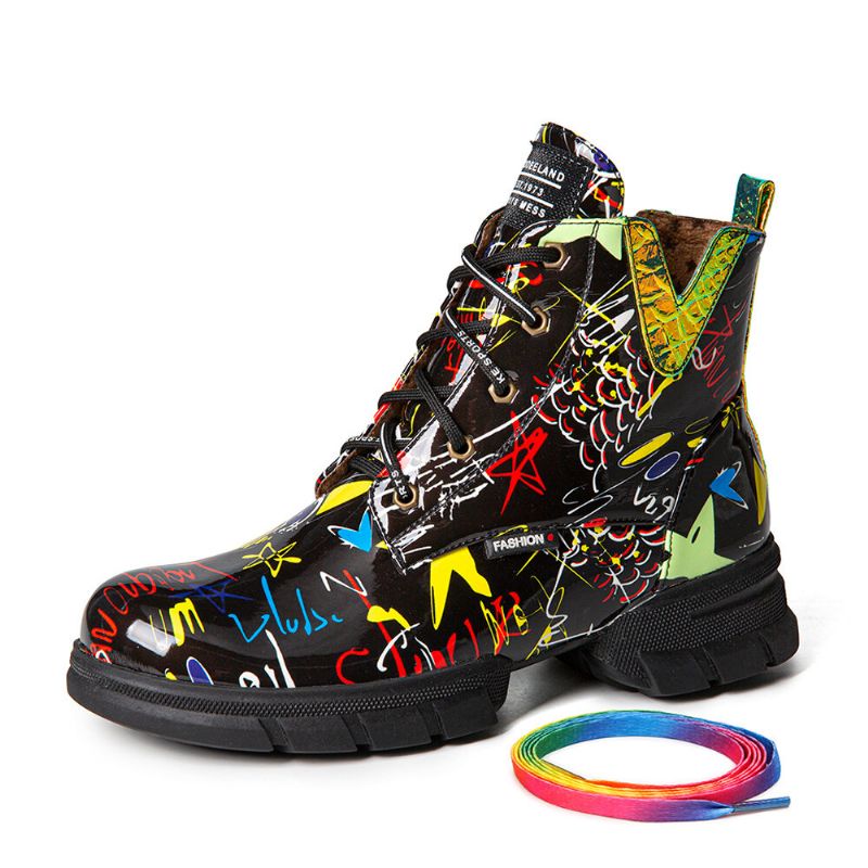 Botas De Combate De Pantorrilla Corta Con Parte Inferior Gruesa Y Cordones Casuales De Graffiti Stytish Para Mujer