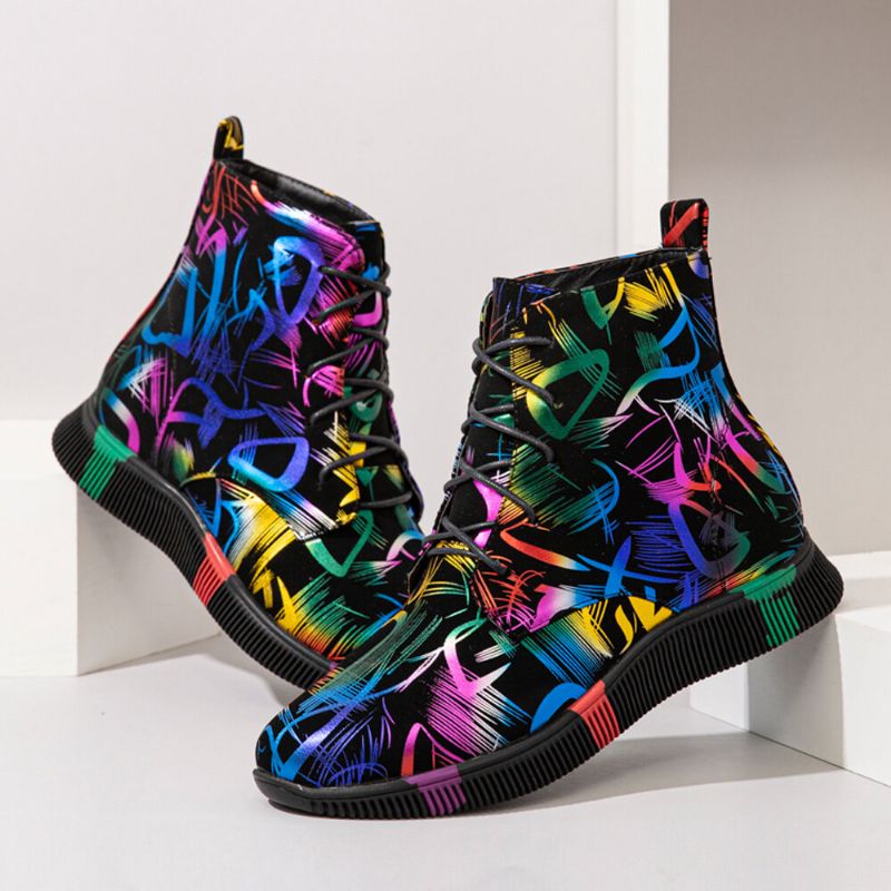 Botas De Combate De Pantorrilla Cortas Con Cordones De Graffiti Colorido Estilístico Para Mujer