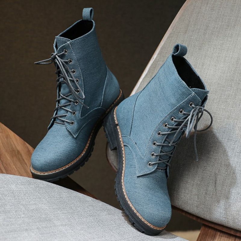 Botas Cortas Con Cordones De Tela De Lona Informal De Talla Grande Para Mujer