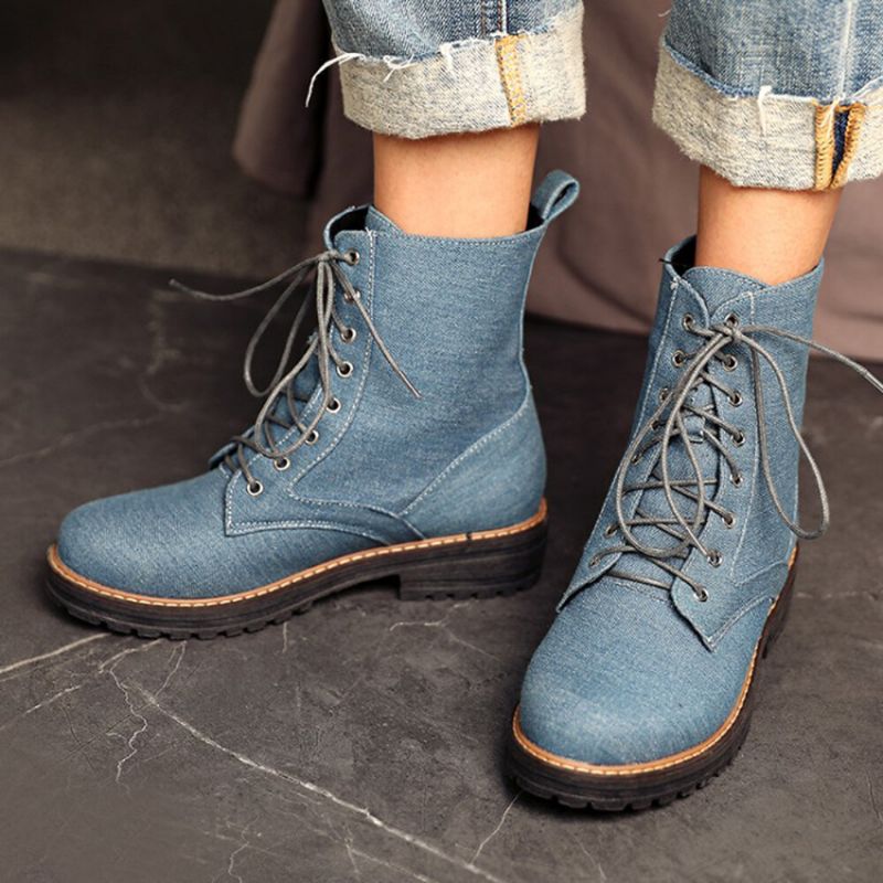 Botas Cortas Con Cordones De Tela De Lona Informal De Talla Grande Para Mujer