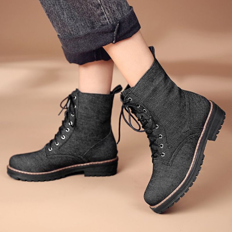 Botas Cortas Con Cordones De Tela De Lona Informal De Talla Grande Para Mujer