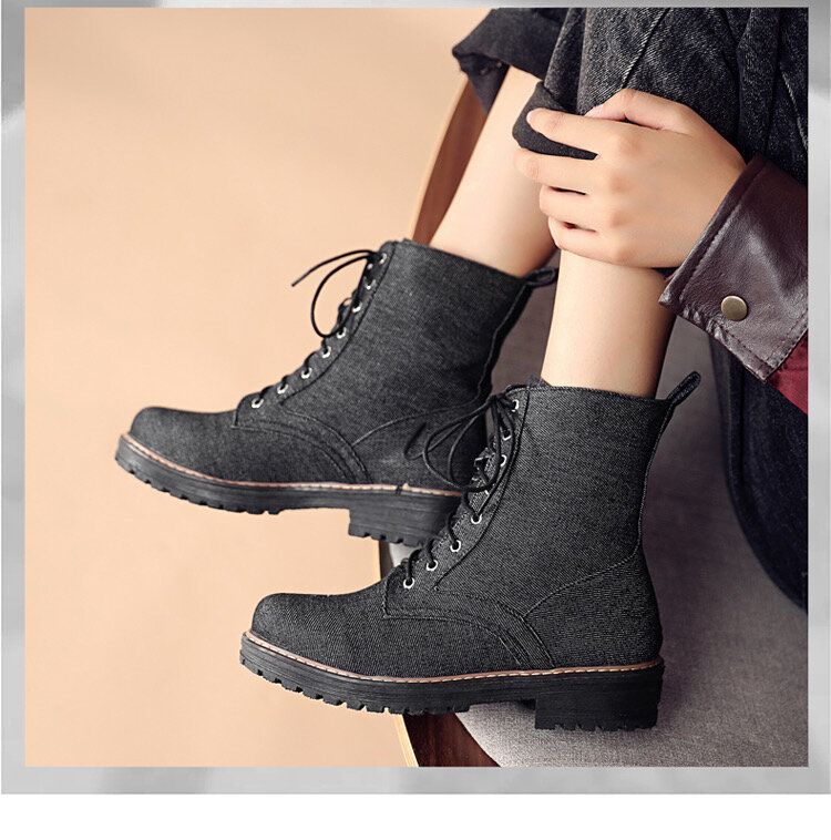 Botas Cortas Con Cordones De Tela De Lona Informal De Talla Grande Para Mujer