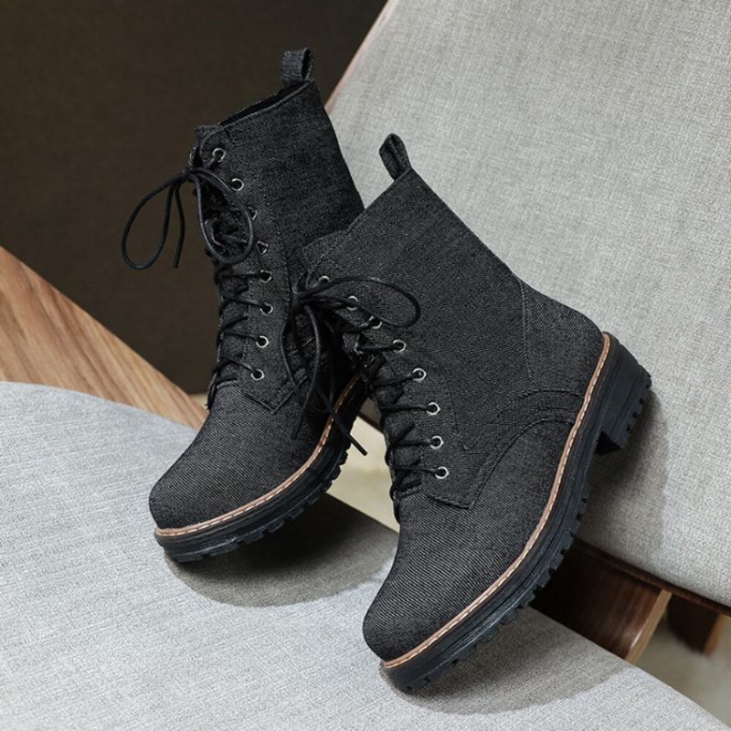 Botas Cortas Con Cordones De Tela De Lona Informal De Talla Grande Para Mujer