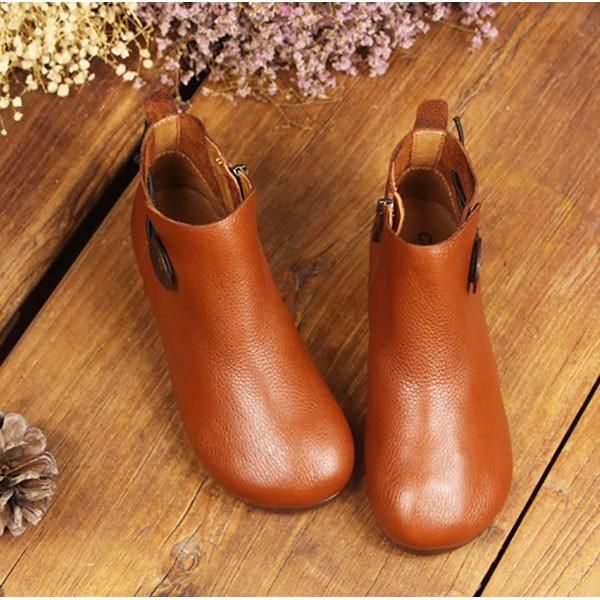 Botas Cortas De Cuero Para Mujer Zapatos Planos Informales Para Exteriores Suaves Sin Cordones