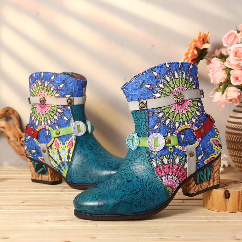 Botas Cortas De Goma De Tacón Bajo Con Cremallera Azul Y Empalme De Impresión Tribal Para Mujer