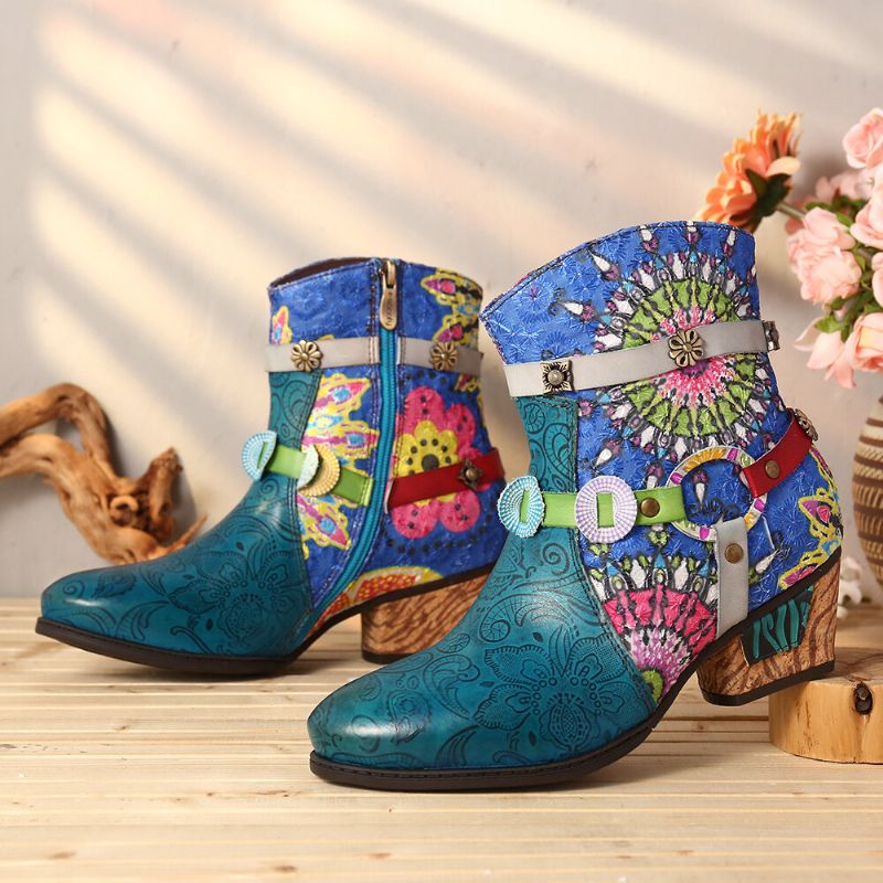 Botas Cortas De Goma De Tacón Bajo Con Cremallera Azul Y Empalme De Impresión Tribal Para Mujer