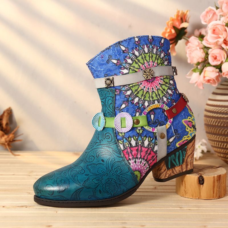 Botas Cortas De Goma De Tacón Bajo Con Cremallera Azul Y Empalme De Impresión Tribal Para Mujer