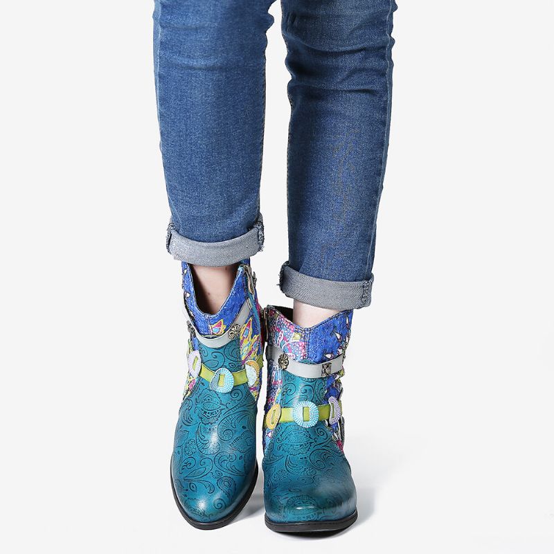 Botas Cortas De Goma De Tacón Bajo Con Cremallera Azul Y Empalme De Impresión Tribal Para Mujer