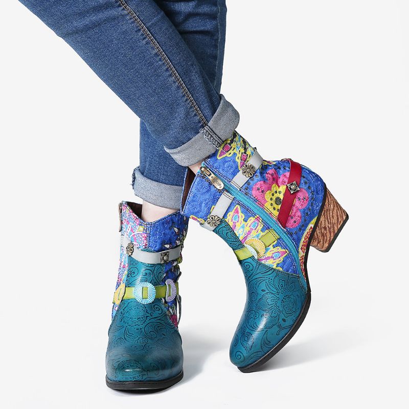 Botas Cortas De Goma De Tacón Bajo Con Cremallera Azul Y Empalme De Impresión Tribal Para Mujer