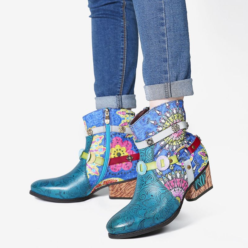 Botas Cortas De Goma De Tacón Bajo Con Cremallera Azul Y Empalme De Impresión Tribal Para Mujer