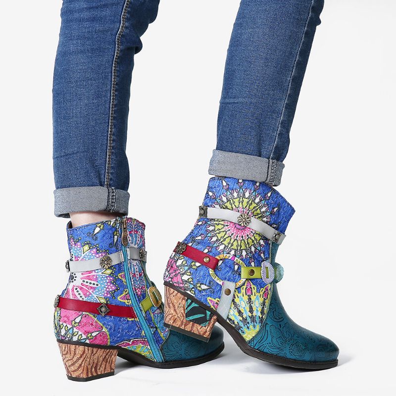 Botas Cortas De Goma De Tacón Bajo Con Cremallera Azul Y Empalme De Impresión Tribal Para Mujer