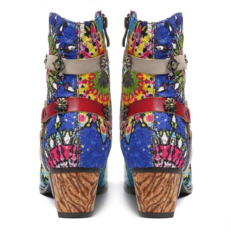 Botas Cortas De Goma De Tacón Bajo Con Cremallera Azul Y Empalme De Impresión Tribal Para Mujer