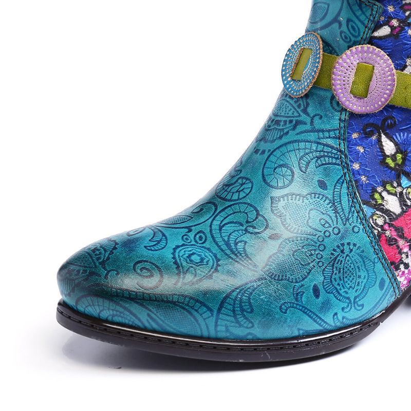 Botas Cortas De Goma De Tacón Bajo Con Cremallera Azul Y Empalme De Impresión Tribal Para Mujer