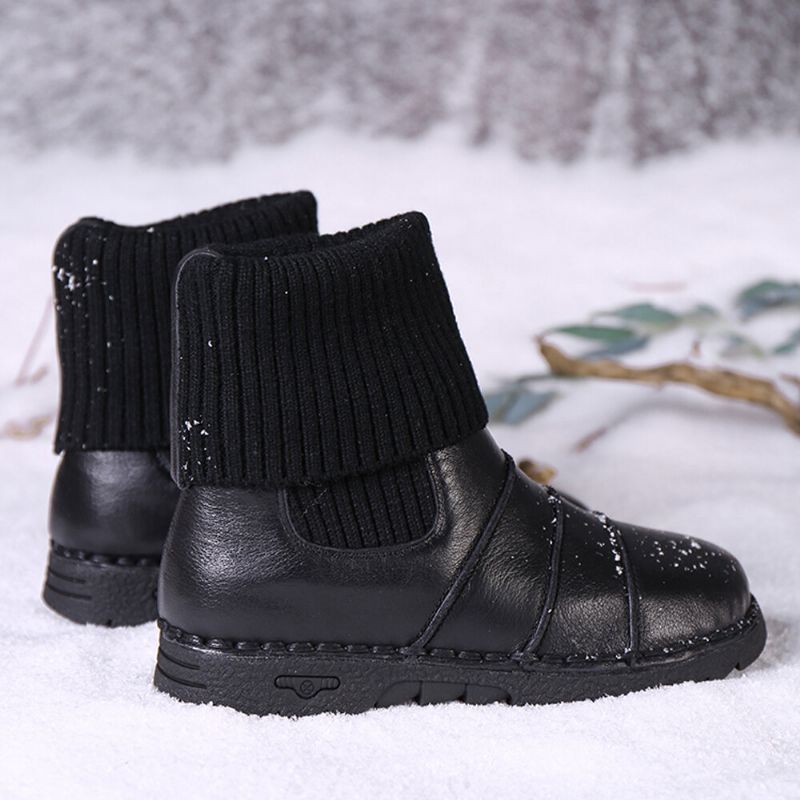 Botas Cortas De Nieve Planas Sin Cordones Con Forro Cálido Con Costura De Piel De Vaca