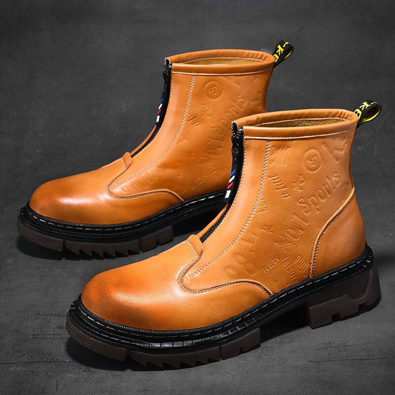 Botas Cortas Para Hombres De Piel De Vaca Antideslizante Suela Blanda Cremallera Frontal Herramientas