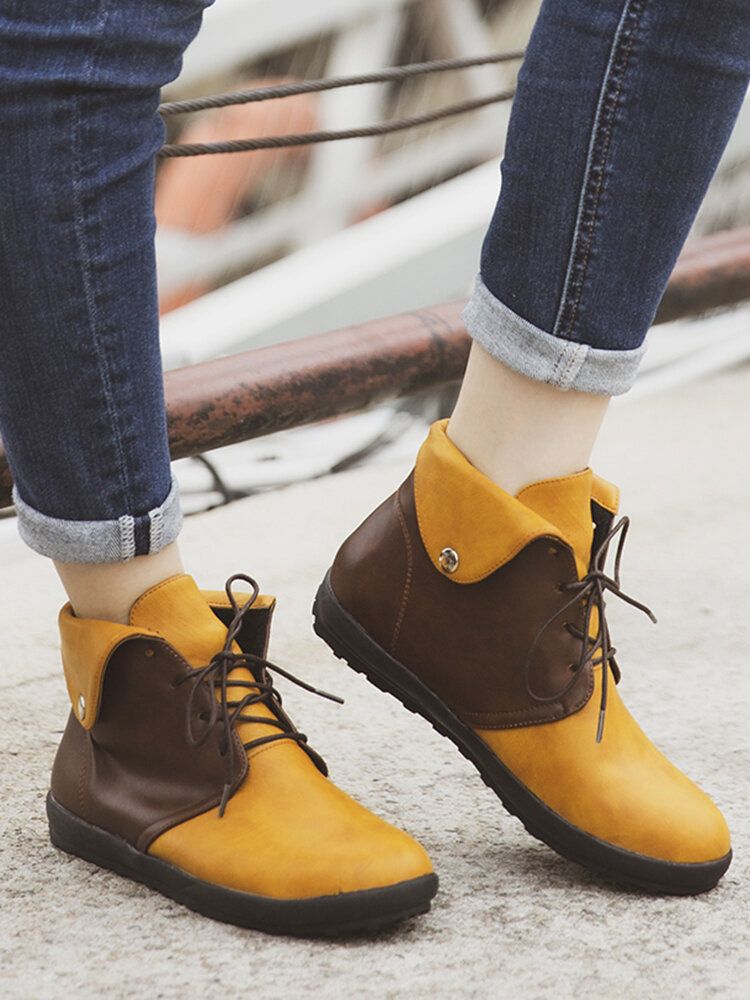 Botas Cortas Planas Con Cordones Para Mujer De Talla Grande