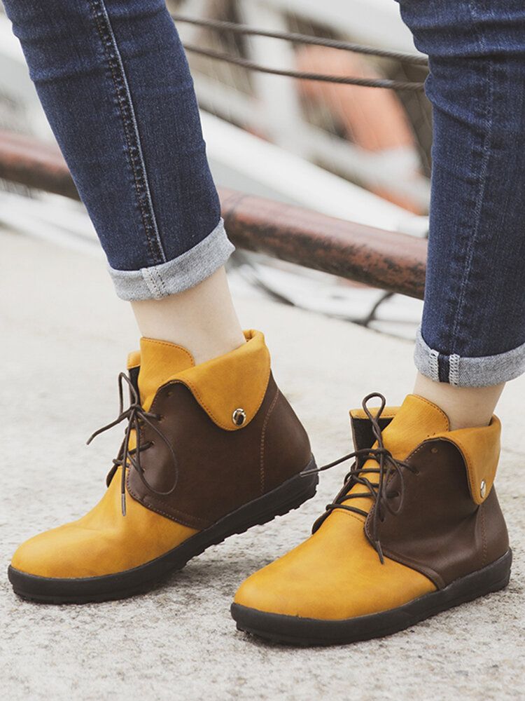 Botas Cortas Planas Con Cordones Para Mujer De Talla Grande