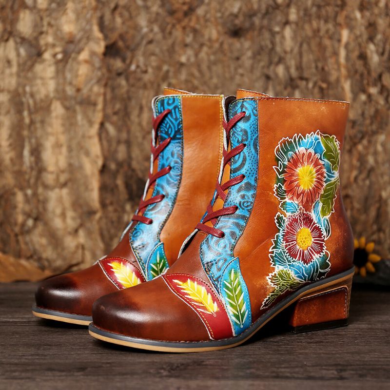 Botas Cortas Planas Con Costura De Cuero Genuino En Relieve Con Patrón De Flores Retro