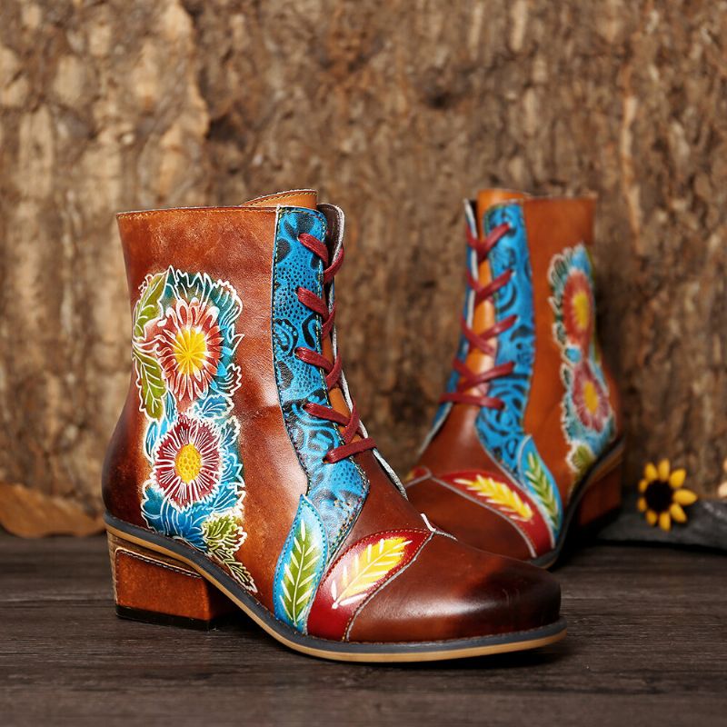 Botas Cortas Planas Con Costura De Cuero Genuino En Relieve Con Patrón De Flores Retro