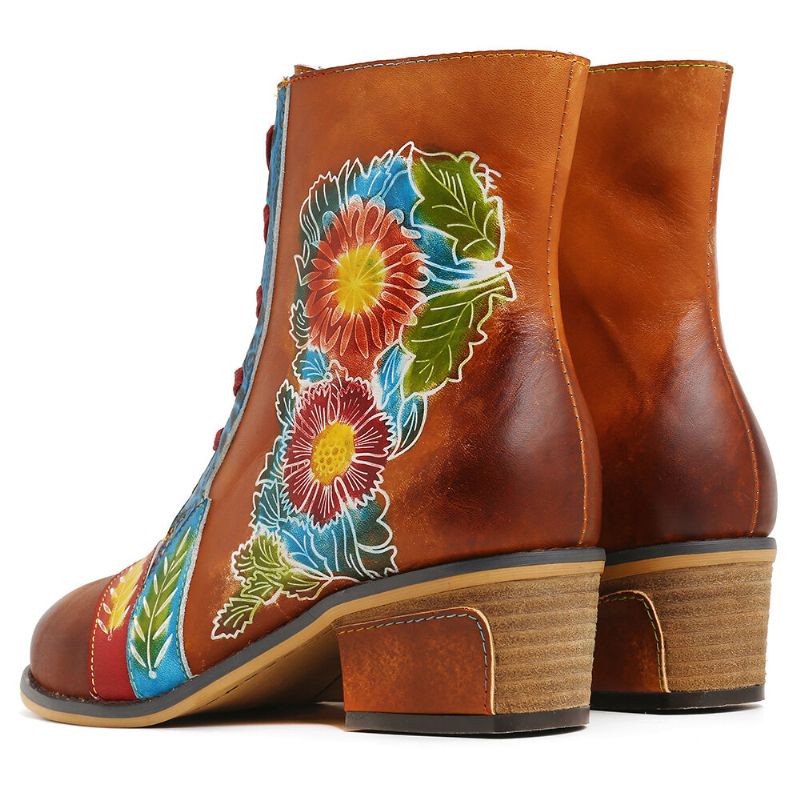 Botas Cortas Planas Con Costura De Cuero Genuino En Relieve Con Patrón De Flores Retro