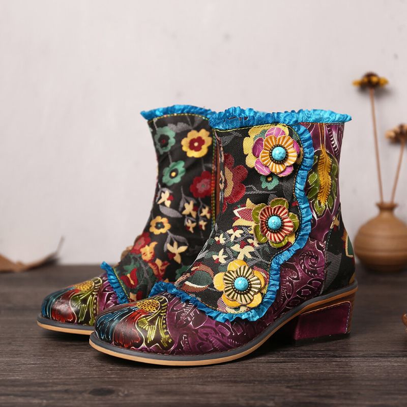 Botas Cortas Planas Con Cremallera De Encaje Azul Flores De Cuero Genuino Pintadas A Mano Retro