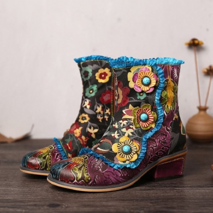 Botas Cortas Planas Con Cremallera De Encaje Azul Flores De Cuero Genuino Pintadas A Mano Retro