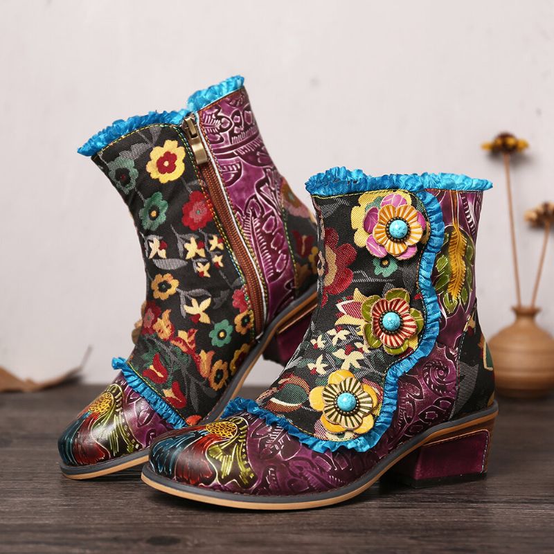 Botas Cortas Planas Con Cremallera De Encaje Azul Flores De Cuero Genuino Pintadas A Mano Retro