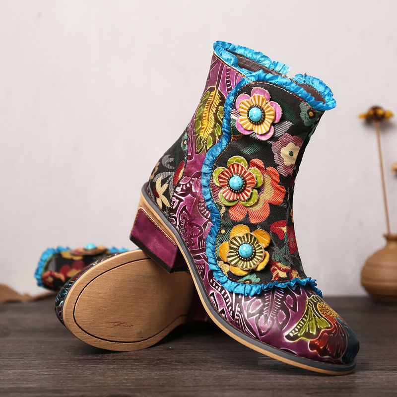 Botas Cortas Planas Con Cremallera De Encaje Azul Flores De Cuero Genuino Pintadas A Mano Retro