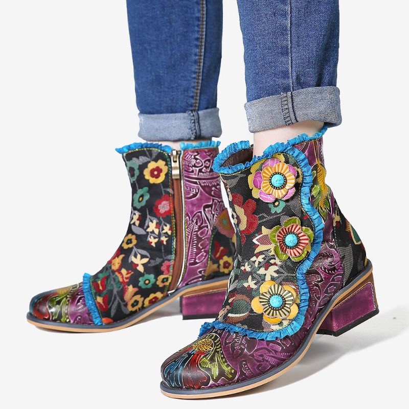 Botas Cortas Planas Con Cremallera De Encaje Azul Flores De Cuero Genuino Pintadas A Mano Retro