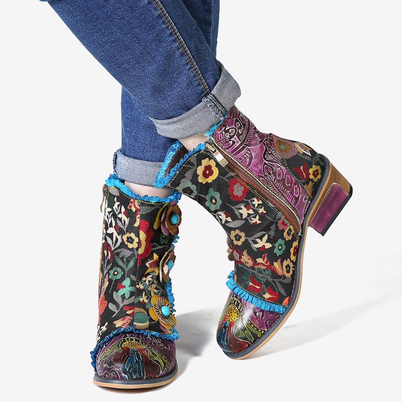 Botas Cortas Planas Con Cremallera De Encaje Azul Flores De Cuero Genuino Pintadas A Mano Retro