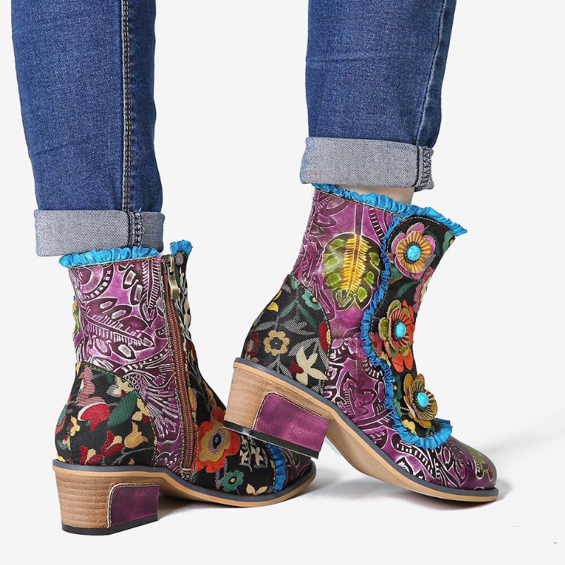 Botas Cortas Planas Con Cremallera De Encaje Azul Flores De Cuero Genuino Pintadas A Mano Retro