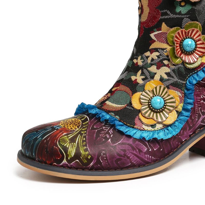 Botas Cortas Planas Con Cremallera De Encaje Azul Flores De Cuero Genuino Pintadas A Mano Retro