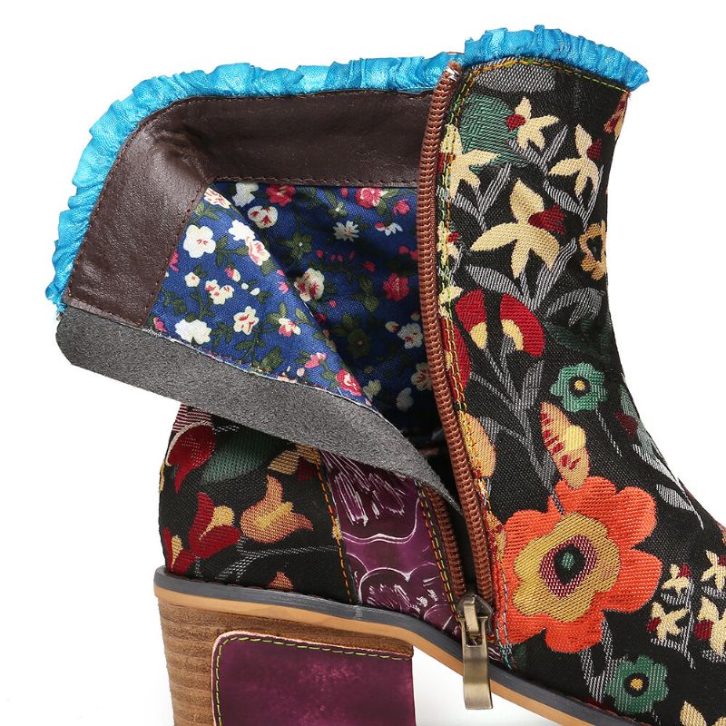 Botas Cortas Planas Con Cremallera De Encaje Azul Flores De Cuero Genuino Pintadas A Mano Retro